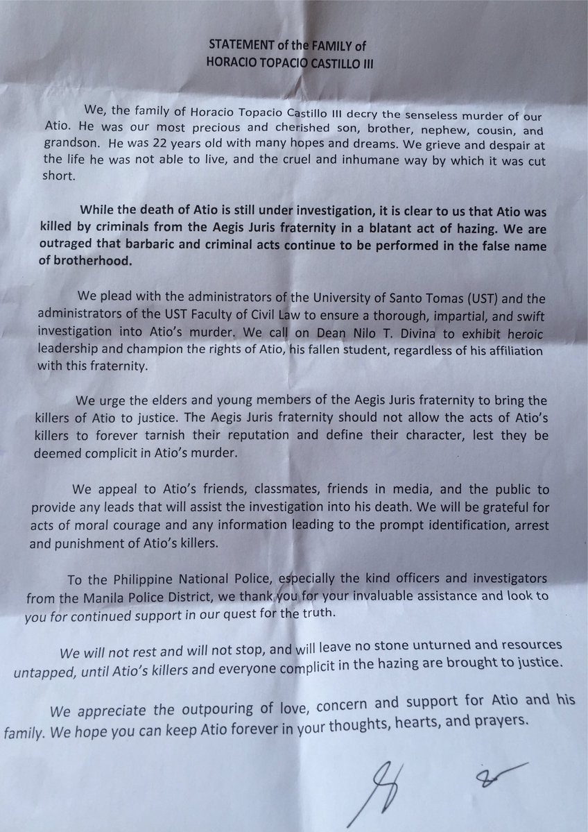 ABSCBNNews's tweet photo. LOOK: Statement of Castillo family on the death of Horacio Castillo III | via @koriquintos https://t.co/fLvwDEAHXM
