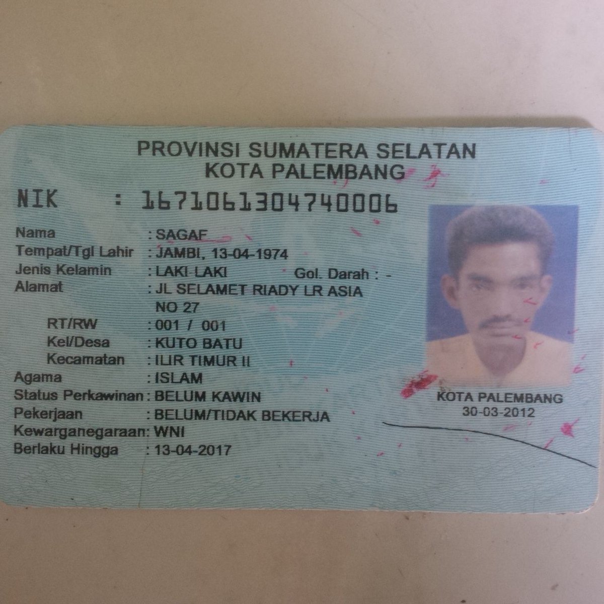 Diemukan Orang terlantar an. Sagaf 43th
 Jln. Selamet Riady LR asia No.27 Rt. 001/001 kel/desa. Kuto Batu Kec.Ilir Timur Palembang