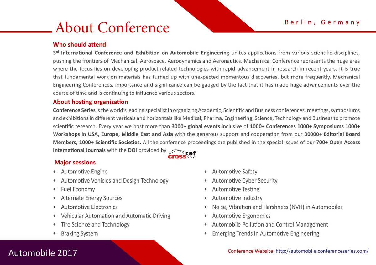 conferenceserie's tweet photo. 3rd International #Conference and #Exhibition on #Automobile_Engineering, September 28-29, 2017 Berlin, Germany.
https://t.co/2oisZAgIPb https://t.co/rbQneOY7gY