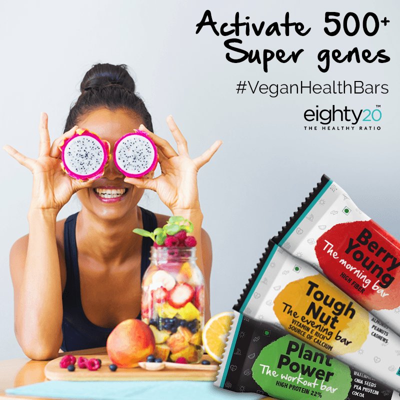 eighty20foods's tweet photo. Get your good genes pumping with eighty20 - India's only range of Vegan Bars!
#MorningBar #EveningBar #eighty20 #WholeFoodNutrition #Vegan https://t.co/FVKCi4F1B2