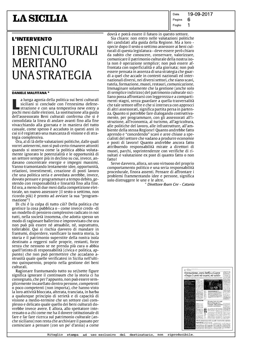 ArcheoINN's tweet photo. «I #beniculturali meritano una #strategia».
La #Sicilia, 19.09.2017 (articolo a cura di @DMalfitana, direttore IBAM #CNR). https://t.co/E8RKf1OScU