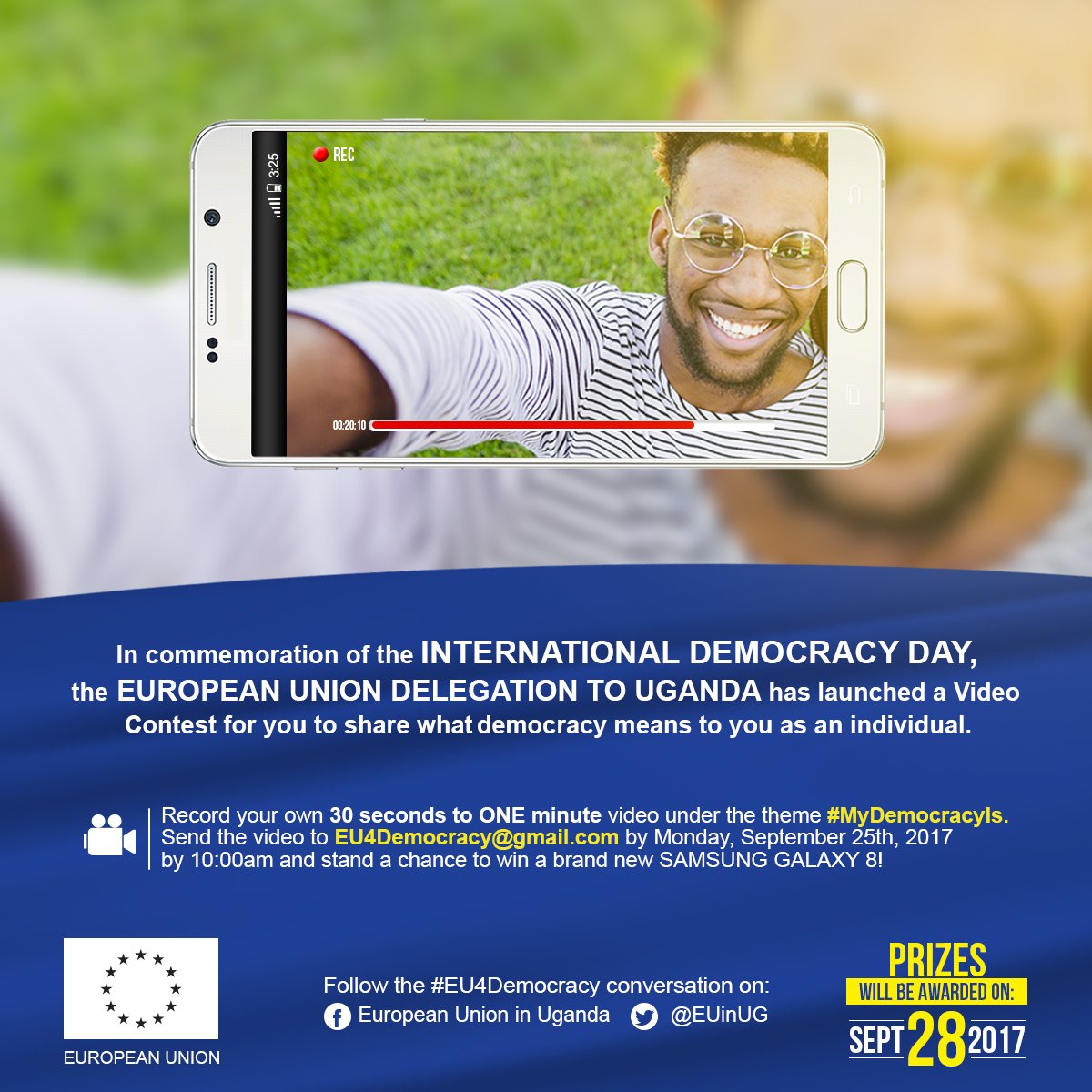 EUinUG's tweet image. What does democracy mean to you? Share your views by participating in a short video competition and stand a chance to win a smart phone.