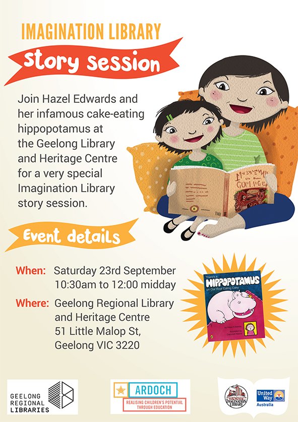 geelonglibrary's tweet photo. Don't miss this special children's event. Book here: https://t.co/qyuotW0k8J  #StoryTime #HazelEdwards #GeelongLibrary https://t.co/VYVgIaUNK3