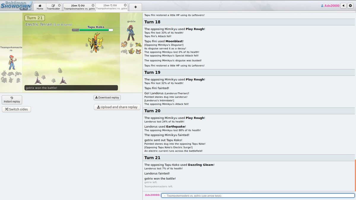 Two teams down to Social Sec and Elite Four Mark Curtis (gotrix). Third game started, watch here! play.pokemonshowdown.com/battle-gen7ou-…