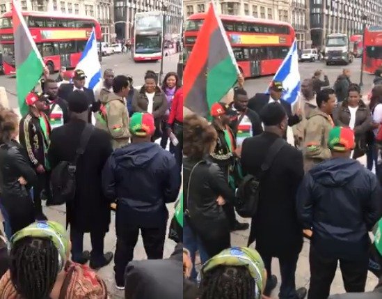IPOB members are currently protesting in London ahead of Buhari’s visit against that military occupation/killing of unarmed civilians, IPOB members 