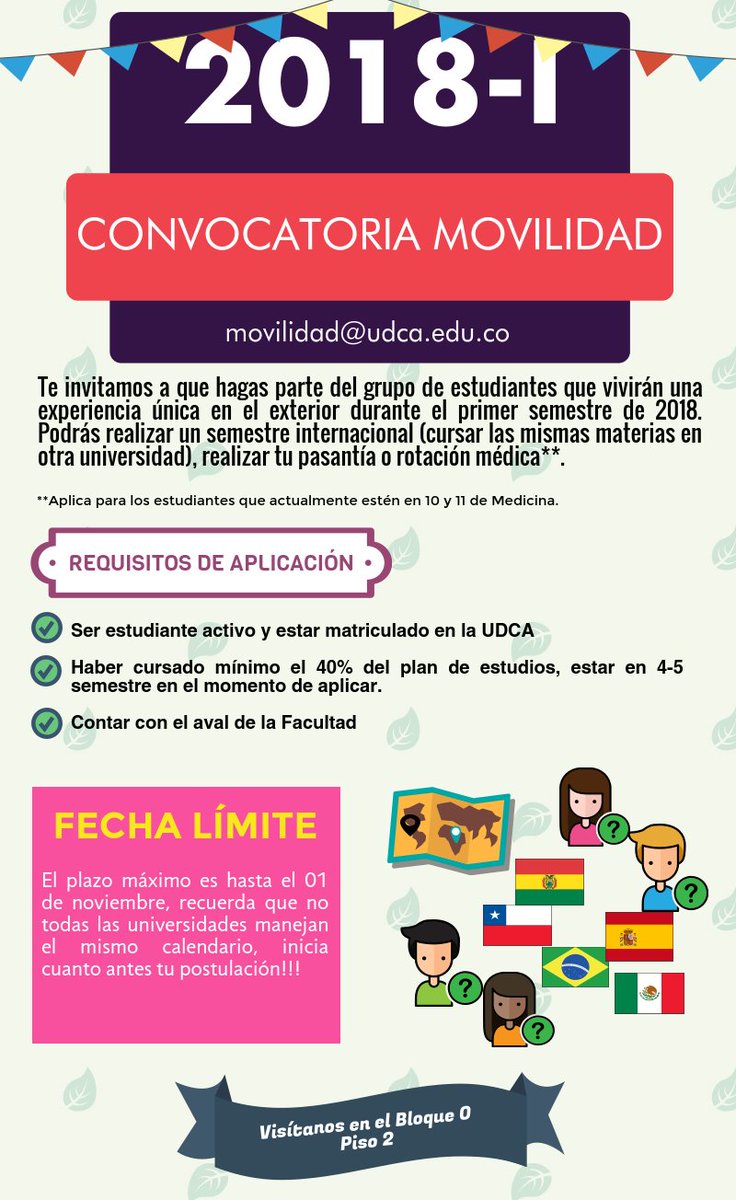 UDCArelint's tweet photo. Abierta Convocatoria Internacionalización Académica, visítanos y conoce nuestra oferta Bloque O Piso2 #Estudiantes #UDCA #FelizMartes https://t.co/pQl8b1rgde