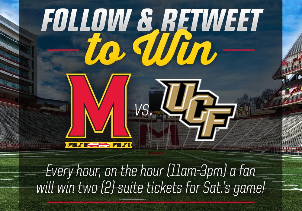 TerpsFootball's tweet image. Follow &amp;amp; RT is BACK! 

At the top of every hour (11am-3pm) a fan who follows &amp;amp; RTs this post will win 2 suite tickets to Sat.'s game. #FTT