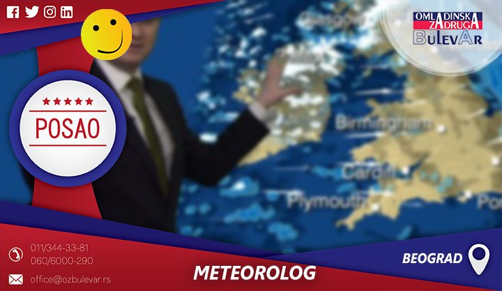 OZBulevar's tweet image. Traženi studenti Fizičkog fakulteta za #posao meteorologa
Za sve informacije pozovite na 011 3650 159
omladinskabulevar.rs
#meteorolog