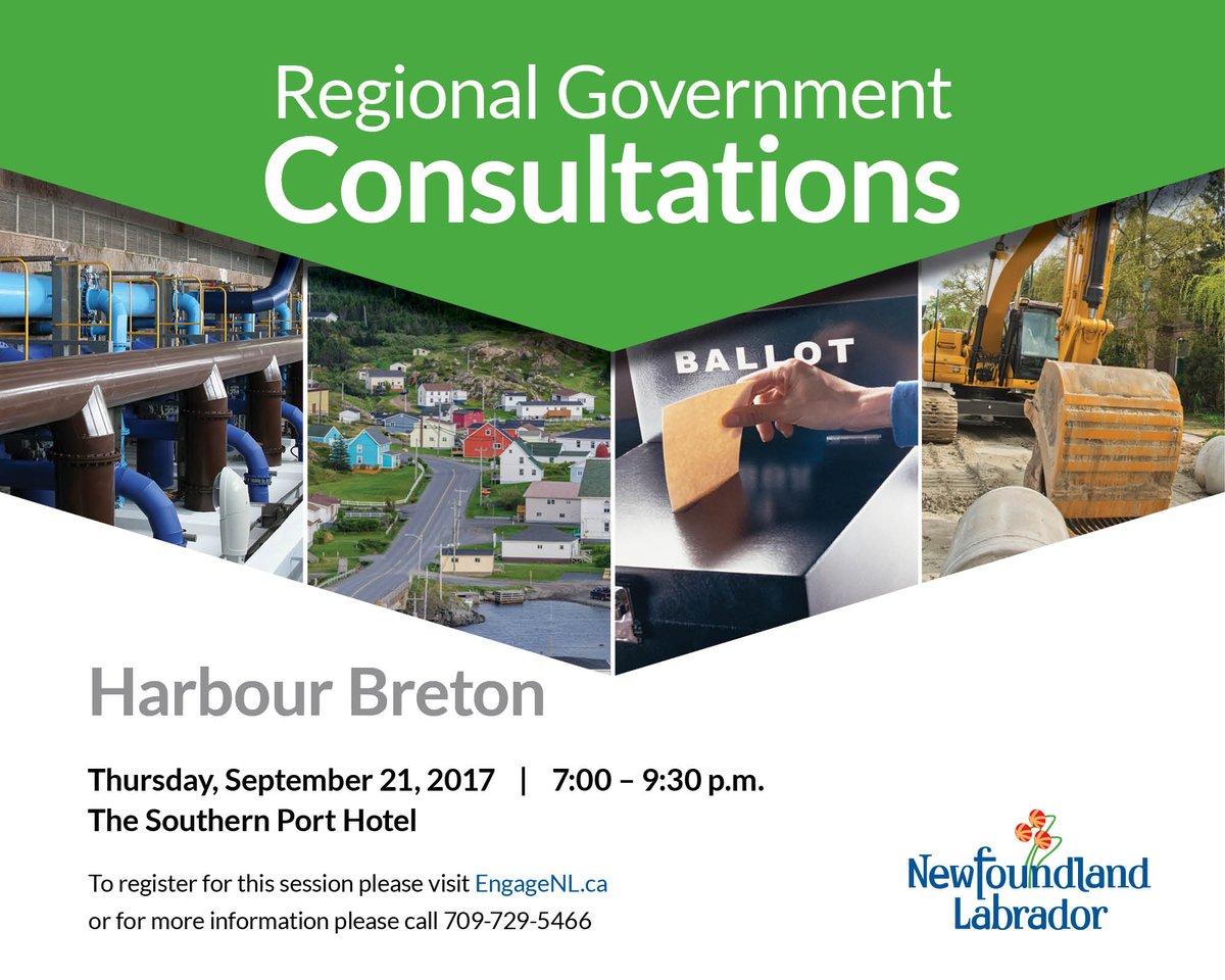 ECCC_GovNL's tweet image. Regional Government consultations stop in Harbour Breton tomorrow. Still need to register? Click here: engagenl.ca/engagement-ini…