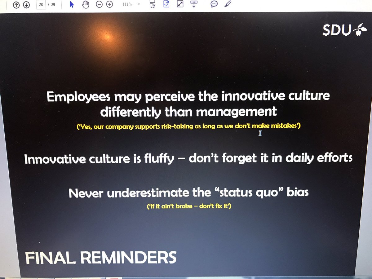 Final points for innovation managers on #innovation culture. Let's see if they work! <a href="/SDU_CI2M/">C*I2M</a>  RT <a href="/MettePraest/">Mette Præst Knudsen</a>