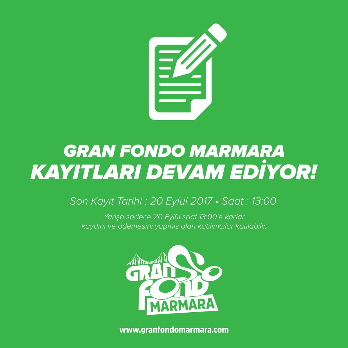 Yarışa sadece 20 Eylül saat 13:00'e kadar kaydını ve ödemesini yapmış olan katılımcılar katılabilir.