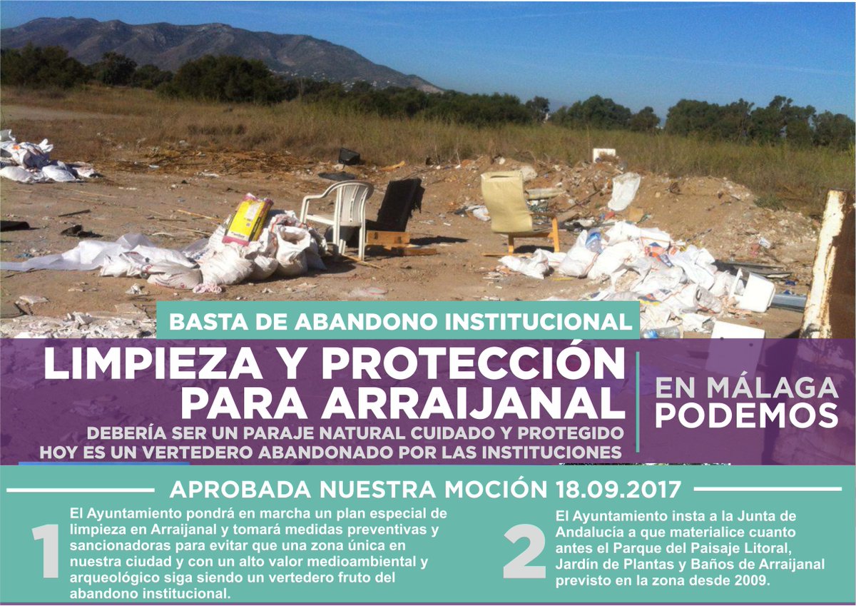 podemosmalaga's tweet photo. Aprobada moción presentada por @JuanjoEspinosa_ sobre #Arraijanal: 1-Plan de Limpieza, 2-Instar a la Junta a crear el parque/paraje previsto https://t.co/0XUGke0O3h