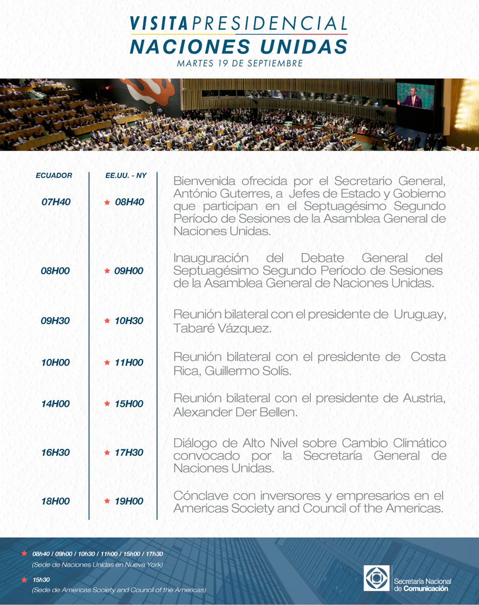 #AgendaPresidencial | Conozca las actividades que realizará el Presidente <a href="/Lenin/">Lenín Moreno</a> Moreno en #UNGA | #EcuadorEnONU