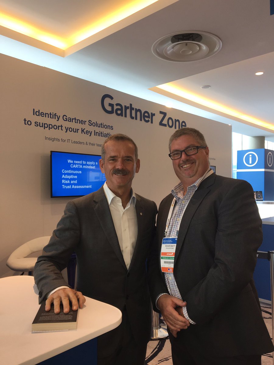 RogerKnott's tweet photo. Cool to meet @Cmdr_Hadfield at #gartnersec  Looking forward to reading w/kids about his adventures https://t.co/7SoXCThHLn