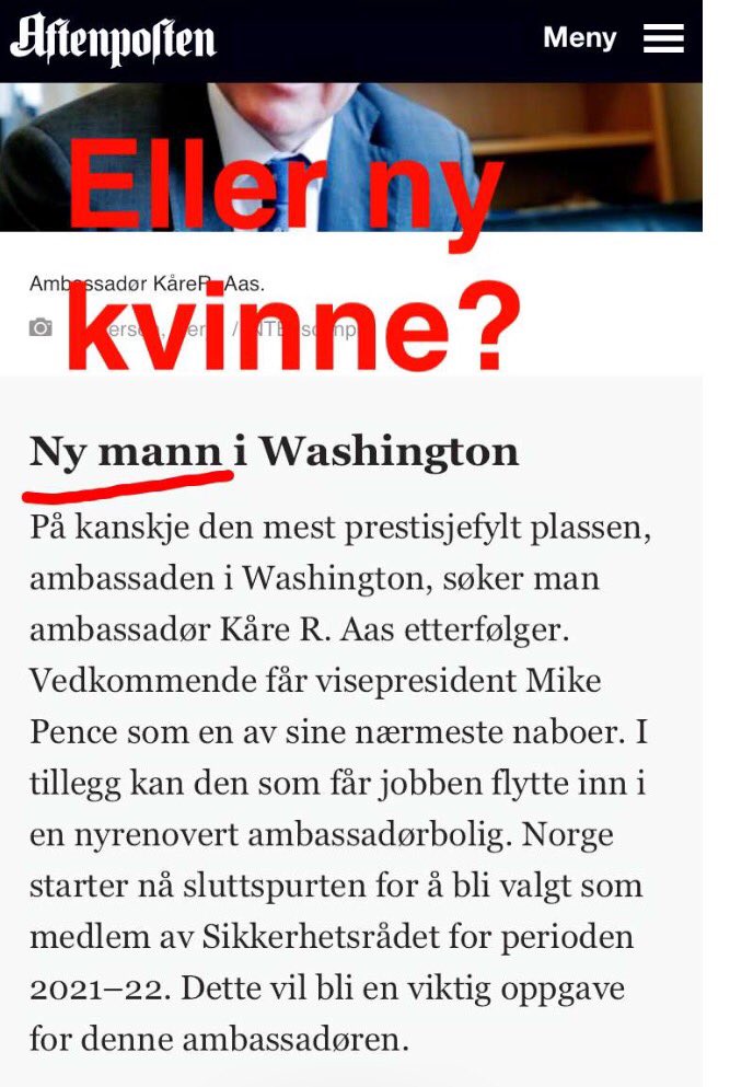 .<a href="/Aftenposten/">Aftenposten</a> melder at <a href="/Utenriksdept/">Utenriksdepartementet</a> skal ha ny MANN i Washington. Hva med en kvinnelig ambassadør?