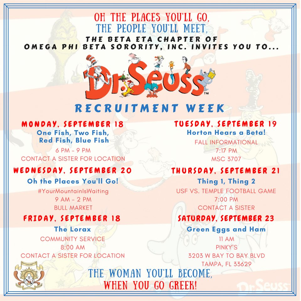 USF_OPBSI's tweet photo. This week! Come out and join us for our Recruitment Week! 🌻💚🖤💛 #OPBSI #OPB #BetaEtaBetas #USF21 #USF20 #USF19 #USF18 #USFGreeks https://t.co/17Q9hubcxE