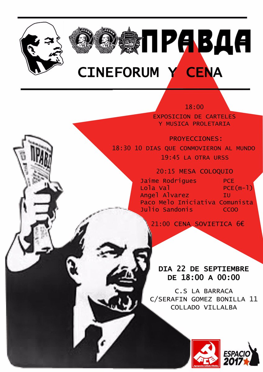PCEVillalba's tweet photo. CINEFORUM+CENA
Este viernes, dia 22 desde las 18:00.
Jornada sobre la Revolución Sovietica. https://t.co/CLqYcdRnHZ