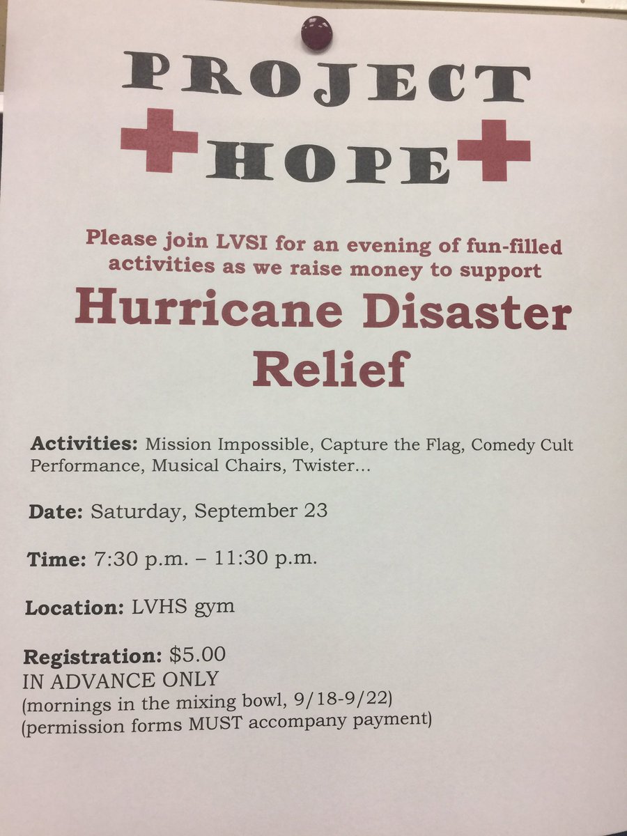 Project Hope is this weekend!! Grab a flyer in the mixing bowl this week and bring back your dues/permission sheet on Friday!