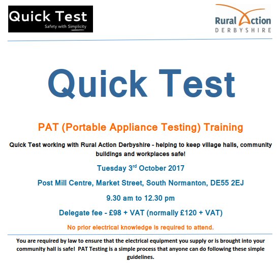 PAT Testing Training in #Derbyshire 3rd October <a href="/The_Post_Mill/">The Post Mill Centre</a> 9.30am-12.30pm. Afternoon session is FULL. Book soon. goo.gl/MohYEY