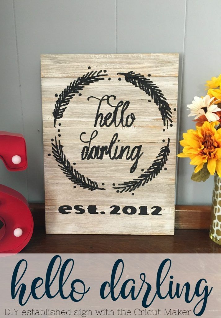 BusyBeingJenn's tweet photo. My first official #cricutmaker Project!! >> Hello Darling Established Sign! And I LOVE it!! https://t.co/95xXALIIYj #DIY #craftthis https://t.co/zP7WnC7cb2