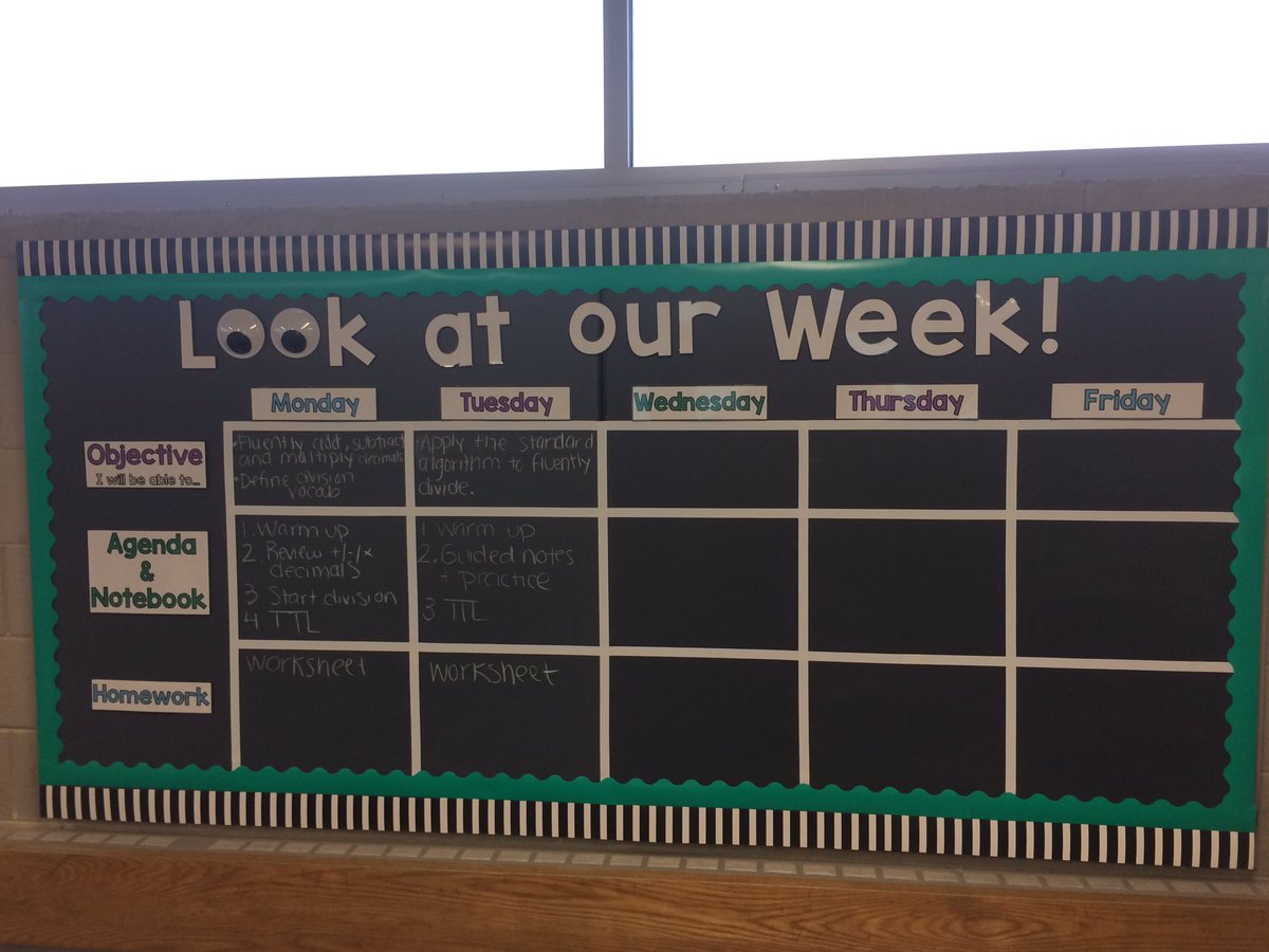 MZimirowski's tweet photo. Love the "Look at our Week Board" that shows days objective, agenda, and HW... nice explanatory device https://t.co/WjysV6tvPI