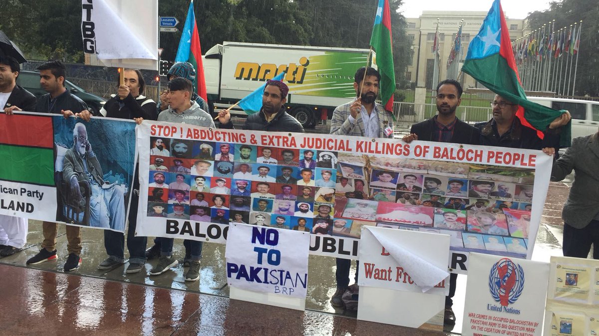 BRP_MediaCell's tweet photo. Geneva:  BRP now staging a protest demonstration to raise awareness about Pakistan's genocidal policy in Balochistan during #HRC36 https://t.co/0TUWo0yJSR