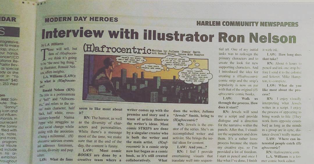 RonaldNelson4's tweet photo. I was interviewed by L.A. Williams about my illustrations for Hafrocentric Comic. It was released in the Harlem News &amp; The New York Beacon. https://t.co/AA9w6Ze602