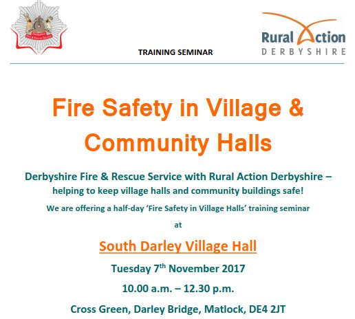 Fire Safety Training with <a href="/DerbyshireFRS/">Derbyshire Fire & Rescue Service</a> for Village &amp; Community Halls 7 October 10-12.30 near #Matlock. Book soon goo.gl/MohYEY