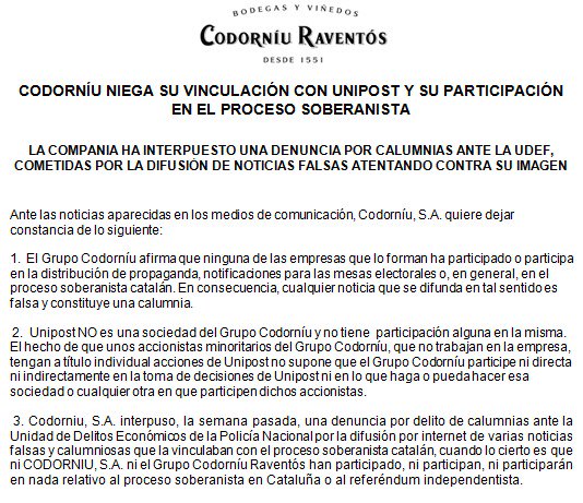 Codorniu_ES's tweet image. Codorníu niega su vinculación con Unipost y su participación en el proceso soberanista
