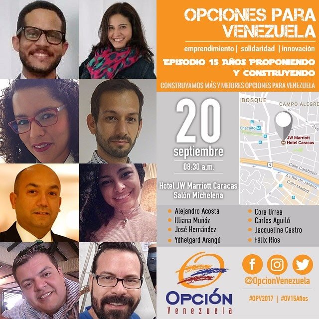OPCIONVenezuela's tweet photo. ¡...Y mañana viene el 6to Episodio de #OpcionesParaVenezuela: 15 Años Proponiendo y Construyendo!
#StartUpWeekCCS
#OV15Años #OPV2017 https://t.co/apSRmF1NlB