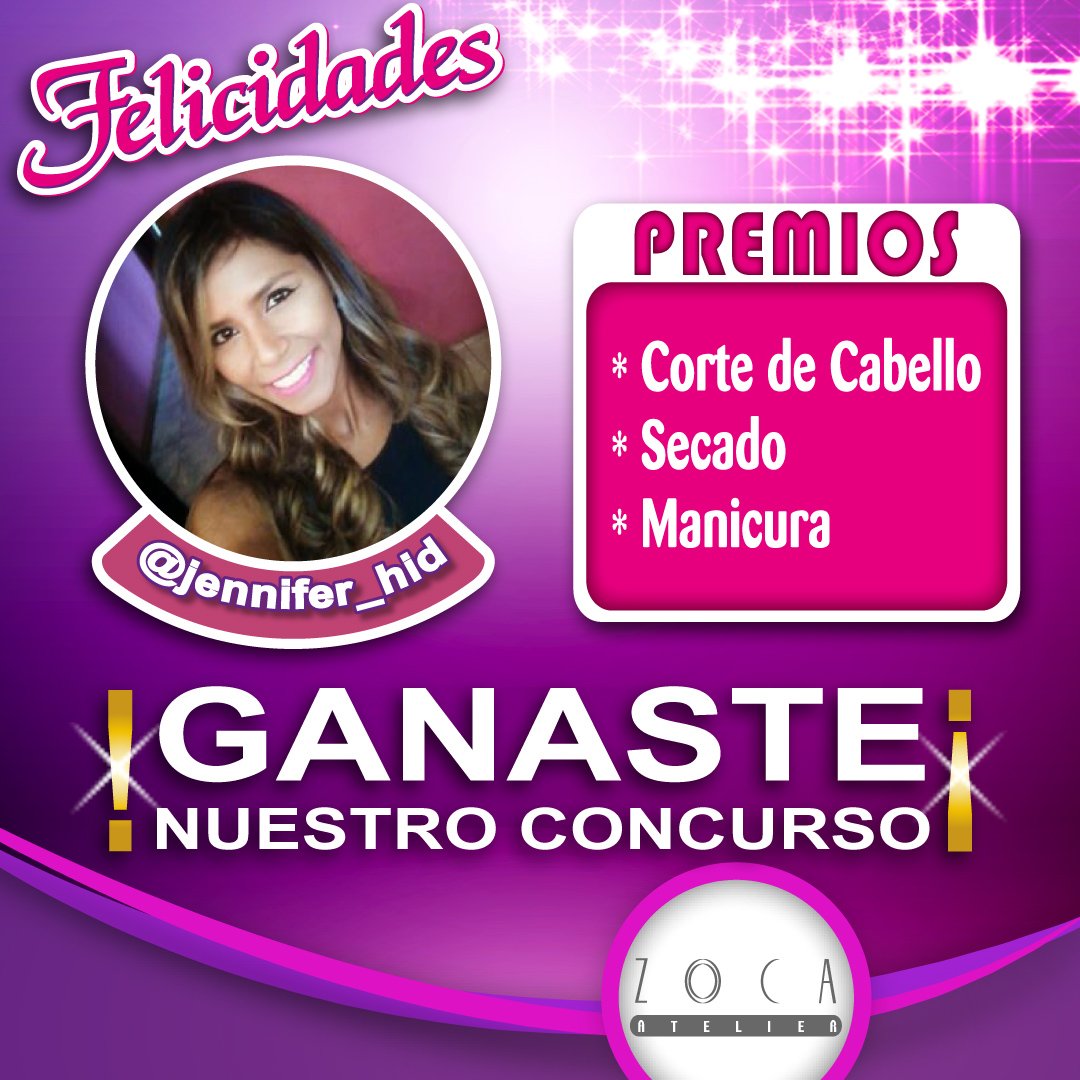 zocaatelier's tweet photo. Felicidades a nuetra #ganadora del #concurso 
la señorita @jennifer_hid 
#felizmartes #felicidades #premio #salondebelleza #peluqueria https://t.co/NS0bykiuyy