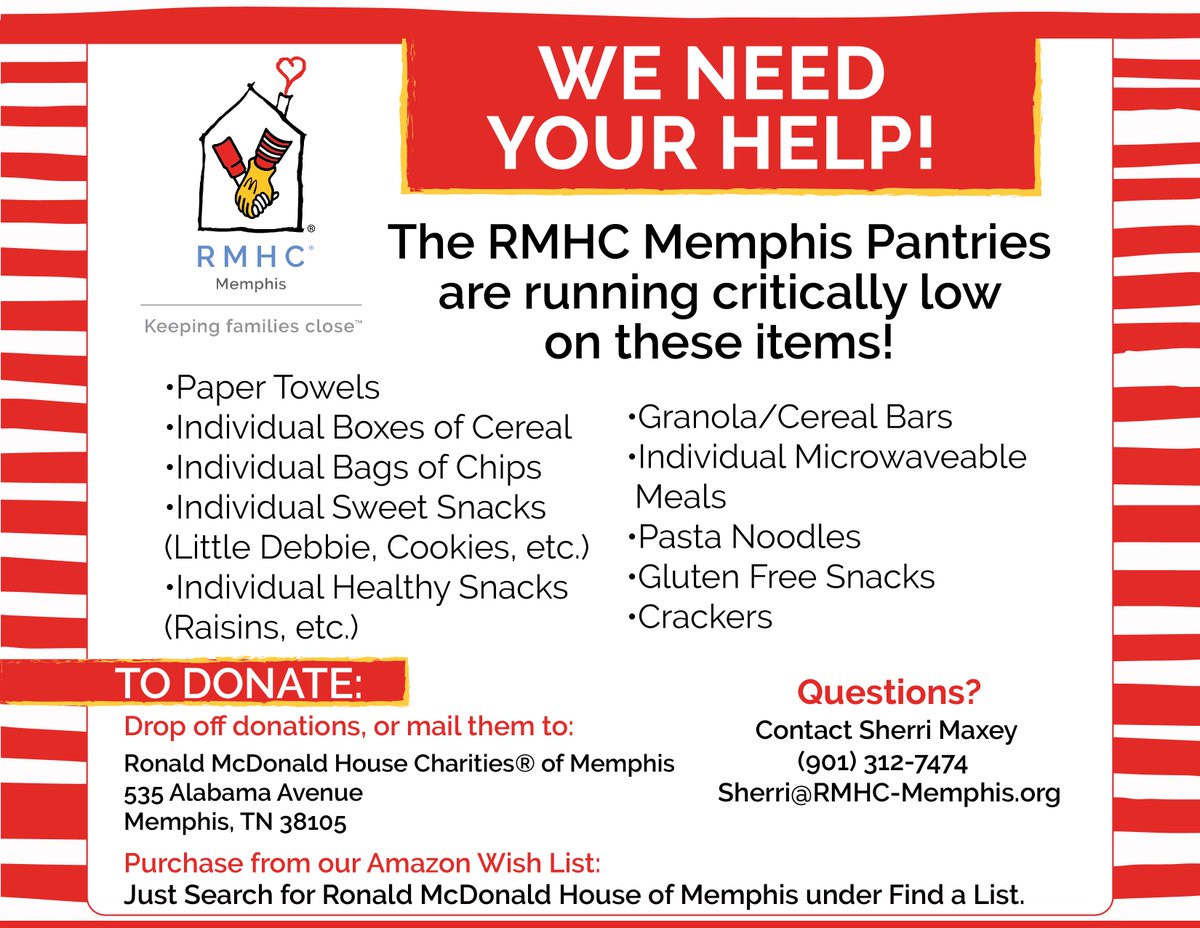 Friends, we need your help!! #RMHCMemphis is running critically low on pantry items. Below you will see our top 10 needs!