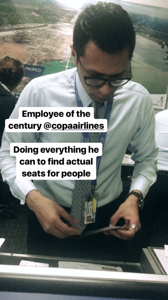 KellyAFeeney's tweet photo. @Emanette @CopaAirlines @Tocumen_Aero This guy deserves some recognition though. Only employee last night at Tocumen who was really trying to find people seats. https://t.co/h8reQDp8RS