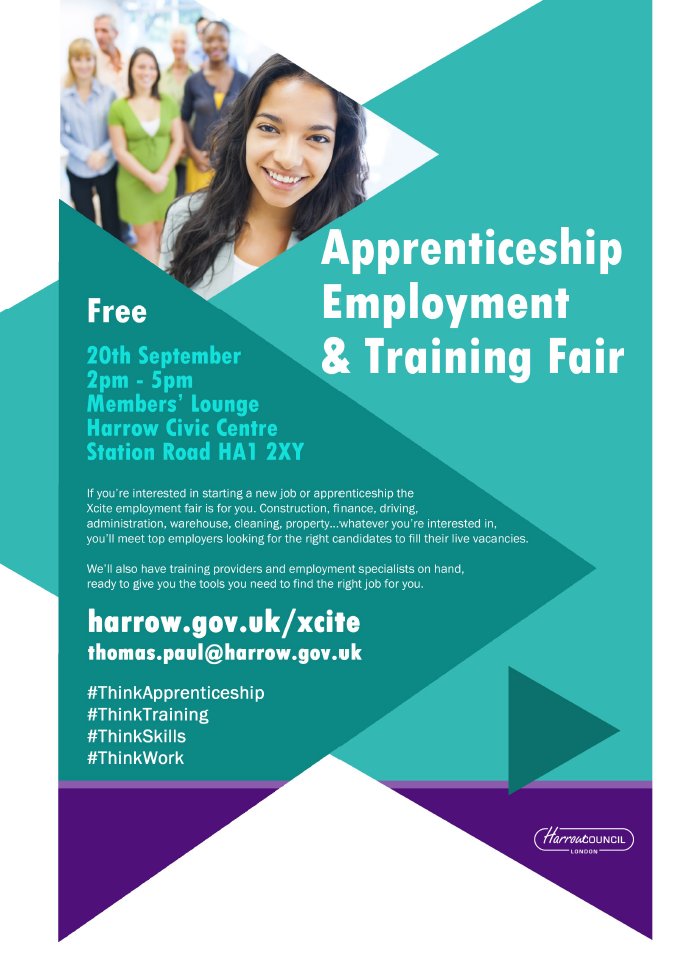 harrow_council's tweet photo. Don’t miss Xcite’s #apprenticeship fair tomorrow @ the Civic. Meet employers &amp; your local training provider…just turn up! #THINKTRAINING https://t.co/JRUOFb4xpD