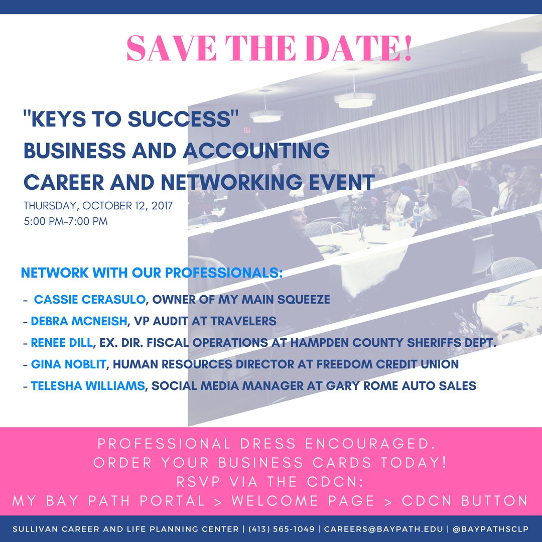 BayPathSCLP's tweet photo. Save the date for upcoming Business and Accounting Career and Networking Event! RSVP on the CDCN. Professional dress encouraged! https://t.co/Q2rupjNgm8