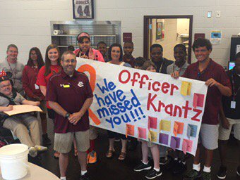 FCAHSDistrict's tweet photo. Special Visit today from Officer Krantz.... Thank you Mrs Hughes Class for the sign and cards!!! https://t.co/QMNKqQtmd6