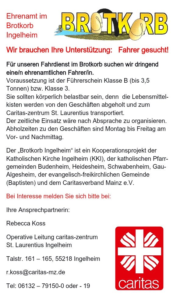 KKIngelheim's tweet photo. Unser #Caritas-Zentrum #Ingelheim St. Lautentius sucht ehrenamtliche Unterstützung:
Wir brauchen eine/n Fahrer/in für unsren #Brotkorb. https://t.co/kbs4XW8W6Z