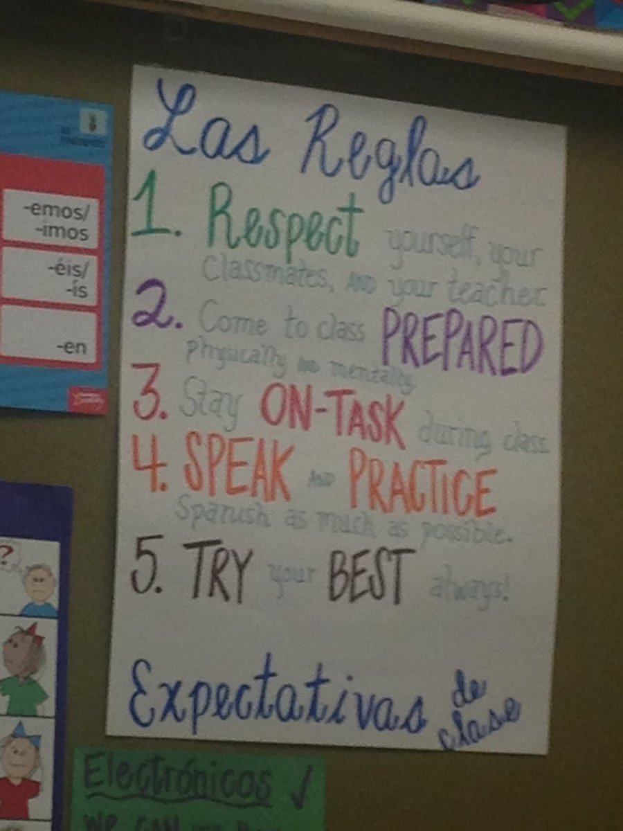 aacpswcl's tweet image. En la clase de Señorita Peer...las reglas. Simple but to the point. #leadwithlanguage @OldMillHSAACPS #targetlang