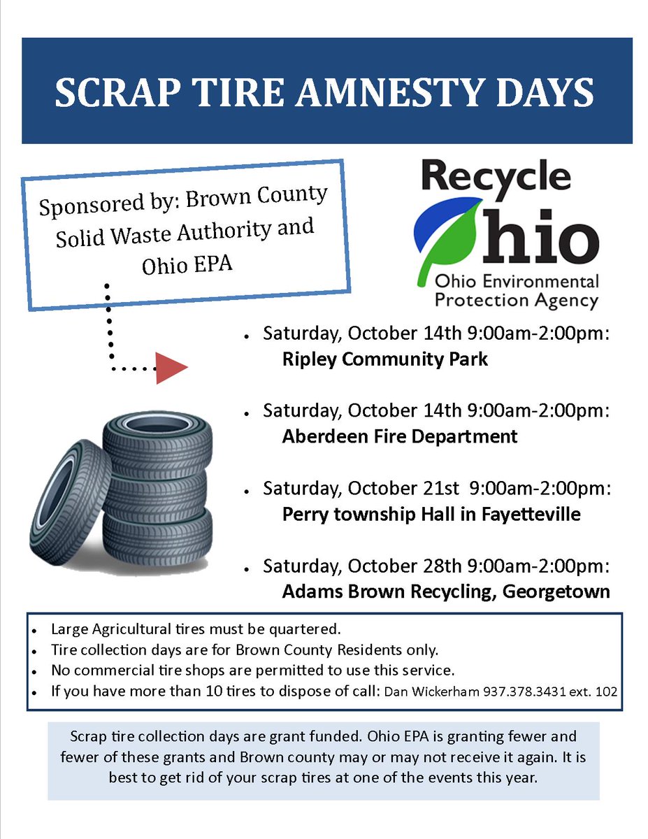 ABRecycling's tweet photo. Here are the Upcoming dates and times for the BROWN County Tire collection days. Feel free to share and tell your friends! https://t.co/DBAGByGYGx