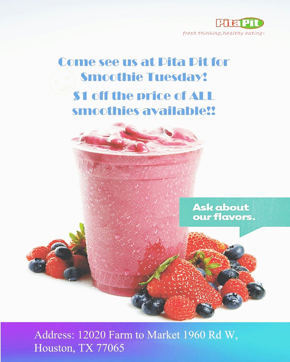 IT'S SMOOOOOOOTHIE TUESDAY!! Come on in and enjoy a cool smoothie with us! :) #tuesdaydeals #smoothies #pitapit1960 #pitapithouston