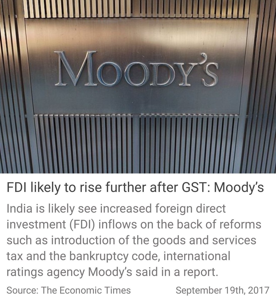 iOnkarPandey's tweet image. FDI likely to rise further after GST: Moody’s #GSTBoostForBiz
economictimes.indiatimes.com/articleshow/60…