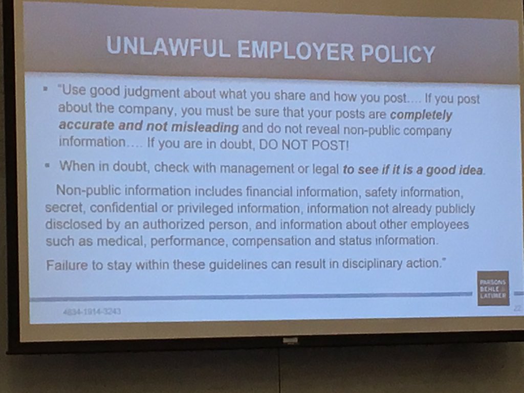 NoraBurns's tweet photo. Does your employer have a bad, or possibly unlawful social media policy?? #xroadsconference17 #shrm #crossroadsconference https://t.co/Q3HfgQ52I9
