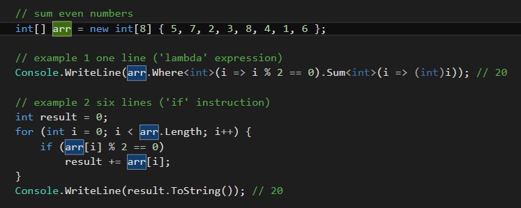 alexanderusov's tweet image. Lambda expressions can make your code shorter.
#lambdaexpression #csharp #array