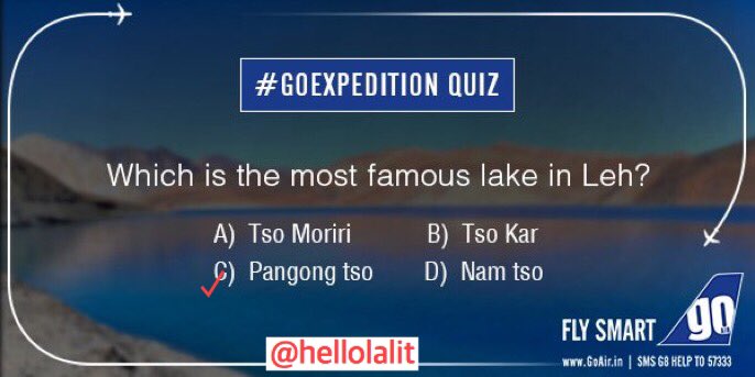 hellolalit's tweet photo. @goairlinesindia A4) C) PANGONG TSO
#GoExpedition #Contest #ContestAlert
@shah_himanshu
@Shikha1617
@harveensachdeva
@rehanak55
@neha https://t.co/N1qBK8Qp3X