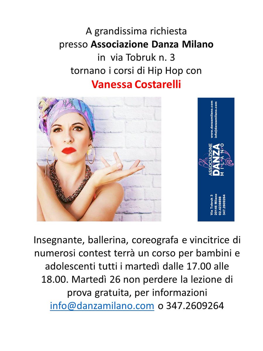 danza_milano's tweet photo. Cominciano i corsi di #hiphop con Vanessa Costarelli, non perdete la prova gratuita  marted' 26 settembre h. 17! https://t.co/nz9TzA4Zvh