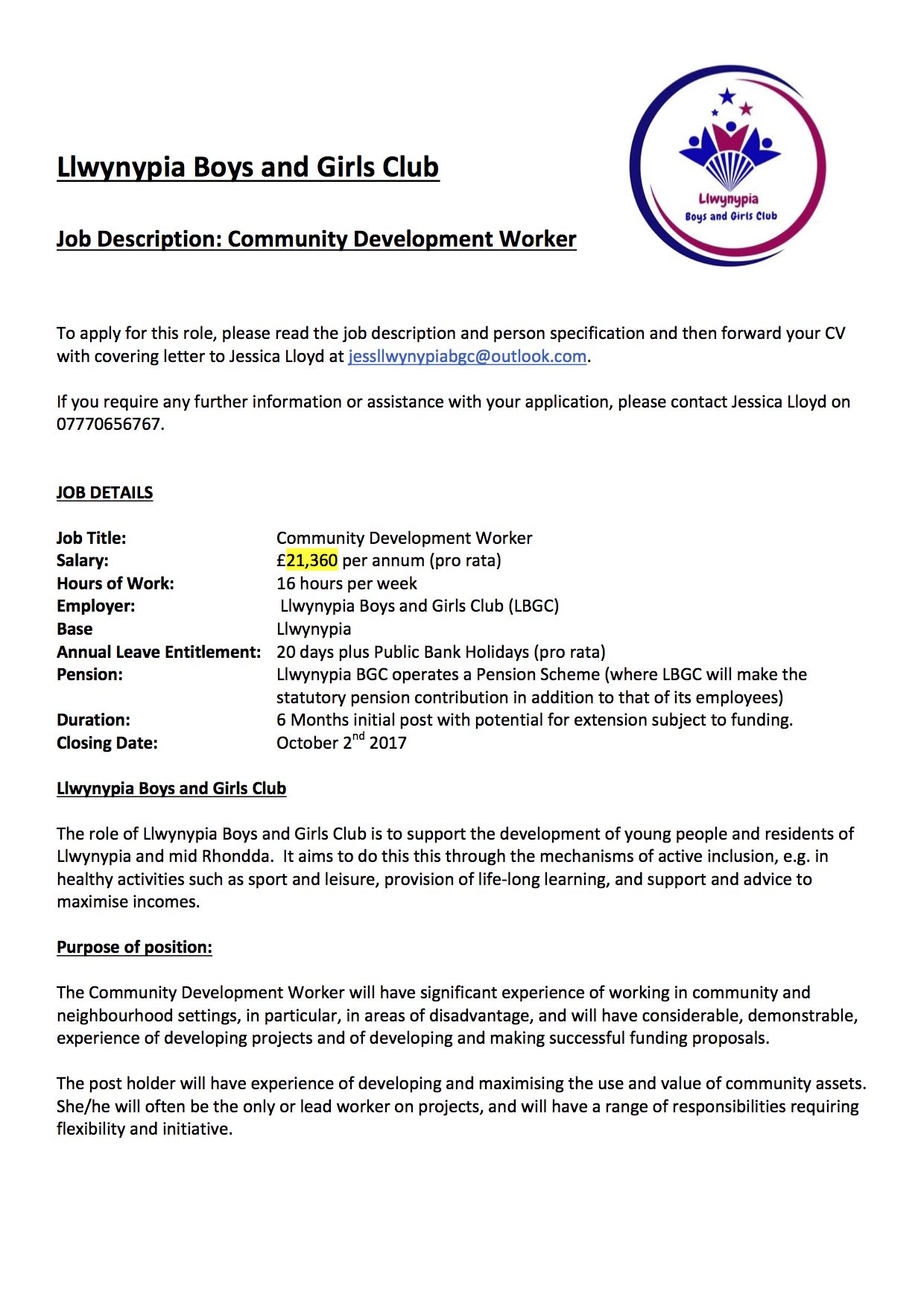 Llwynypia Bgc On Twitter: "Job Opportunity: Community Development Worker.  Closes 2Nd Oct 2017. For Further Information Contact Jess On  Jessllwynypiabgc@Outlook.com Https://T.co/B3Bptvabln" / Twitter