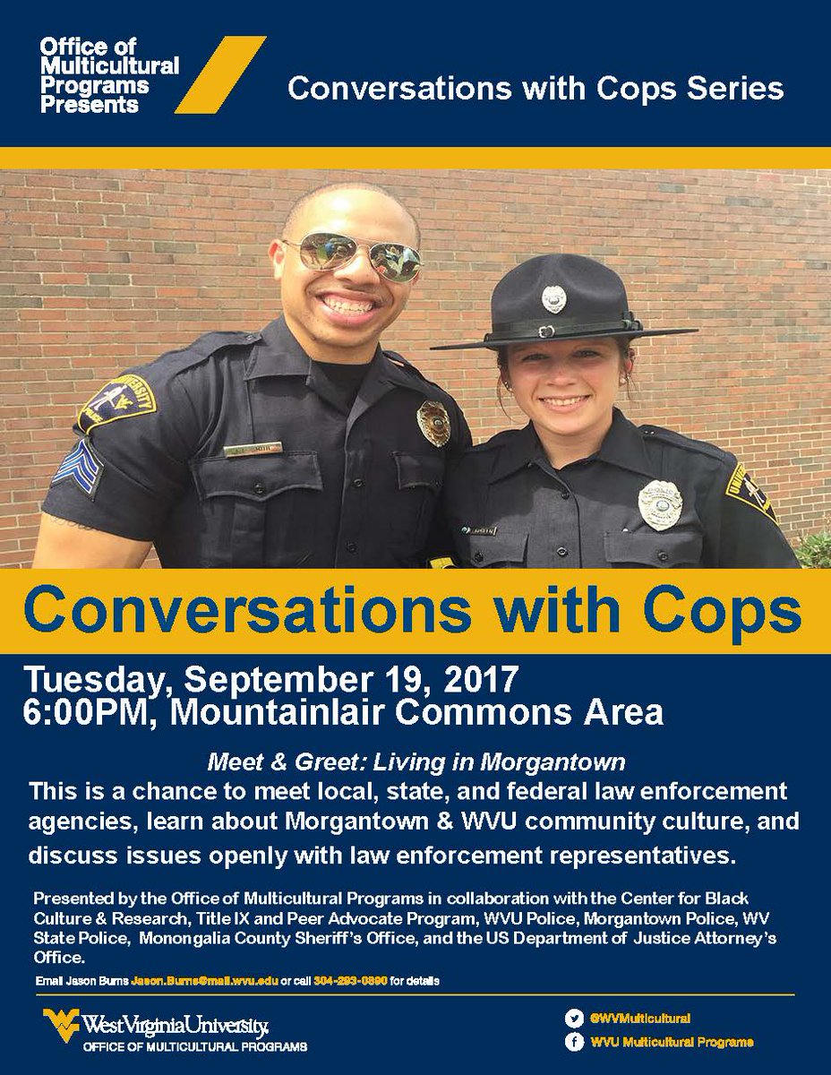 WVUCBC's tweet image. Conversation With Cops TONIGHT in the @Mountainlair Commons Area 6PM @WVUStudentLife @WVMulticultural