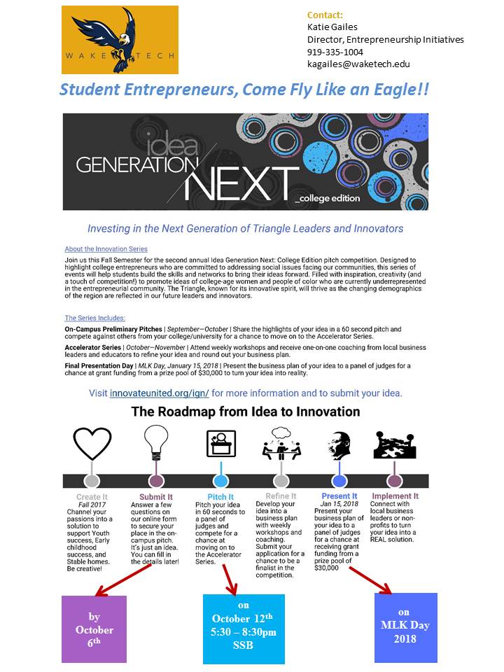 WakeTechBIZ's tweet image. Wake Tech students pitch bus. ideas to compete for $15,000.  Come to the SSB lobby on 9/22, noon - 1;30 for info.  #waketech #UWtriangle