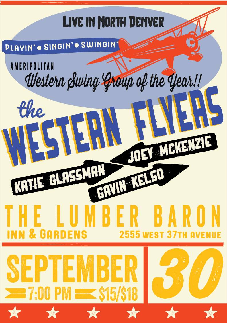 TWFlyers's tweet image. Come see us Western Swing! 9/30 @LumberBaronInn, 10/1 Poudre Valley Barn Dance @hibeamsco @KRFCfm @AdamLopezMusic #ameripolitan #twflyers