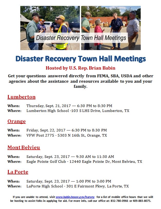 RepBrianBabin's tweet photo. To ensure constituents get help &amp; answers they need, I will be hosting several Disaster Recovery Town Hall Meetings w/experts across #TX36. https://t.co/VnSLDU61mA
